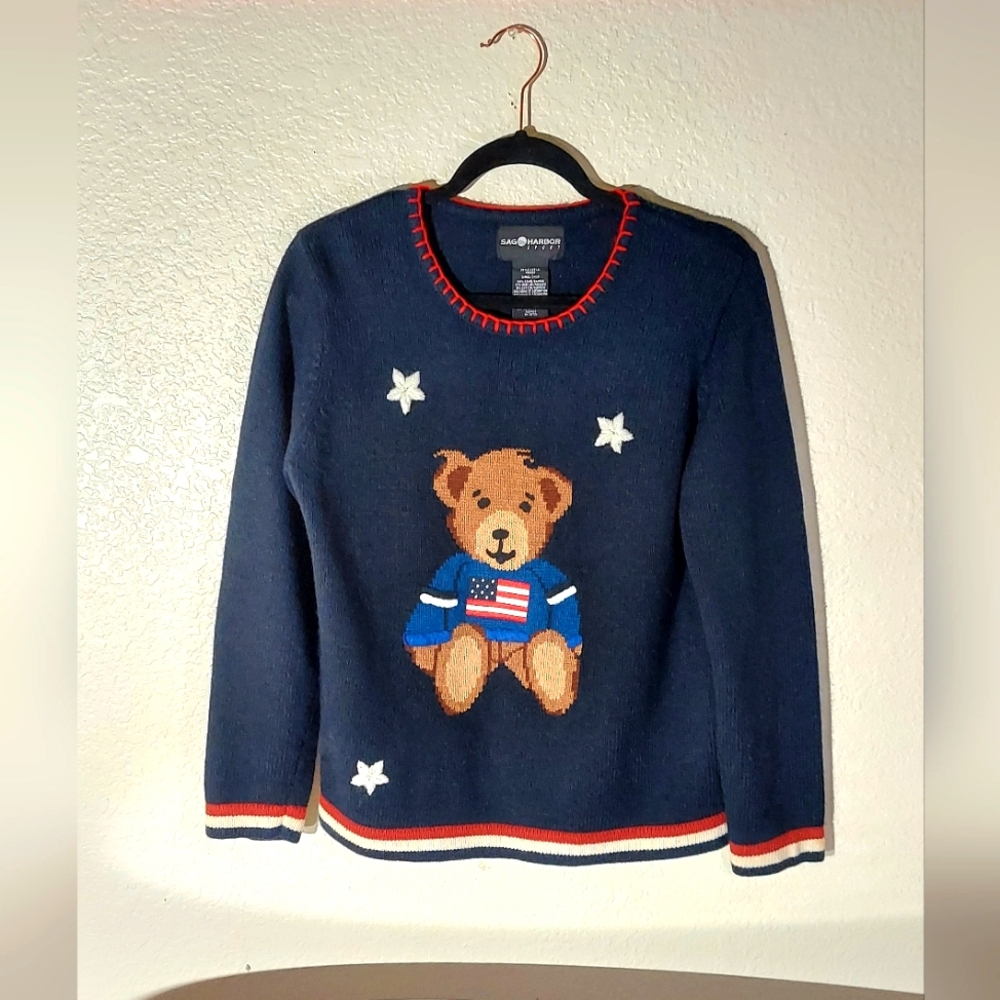 SAG HARBOR SPORT Vintage Navy Blue Teddy Bear Star Accent Knit Sweater WM Size S